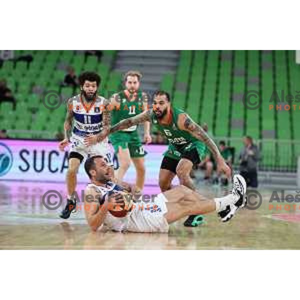 Justin Cobbs and Tavian Dunn-Martin in action during ABA League 2023-2024 regular season basketball match between Cedevita Olimpija and Mornar Barsko Zlato in Ljubljana, Slovenia on March 23, 2024