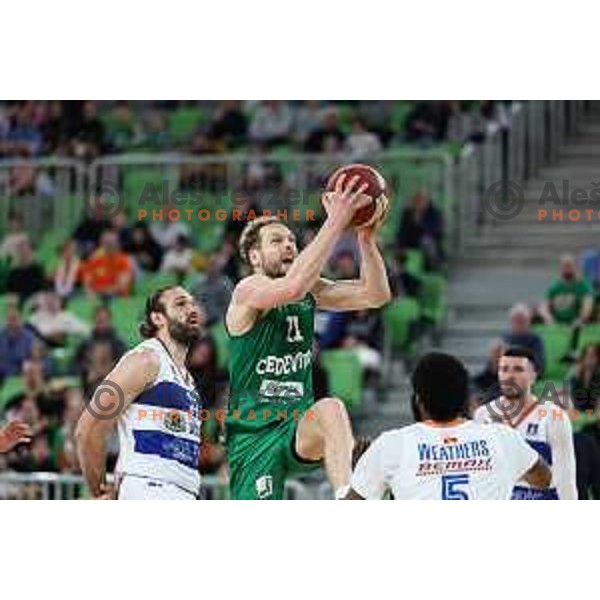 Jaka Blazic in action during ABA League 2023-2024 regular season basketball match between Cedevita Olimpija and Mornar Barsko Zlato in Ljubljana, Slovenia on March 23, 2024