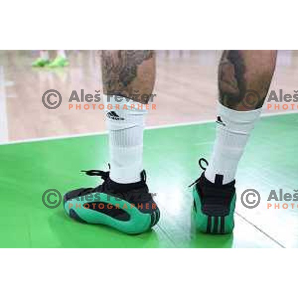 in action during ABA League 2023-2024 regular season basketball match between Cedevita Olimpija and Mornar Barsko Zlato in Ljubljana, Slovenia on March 23, 2024