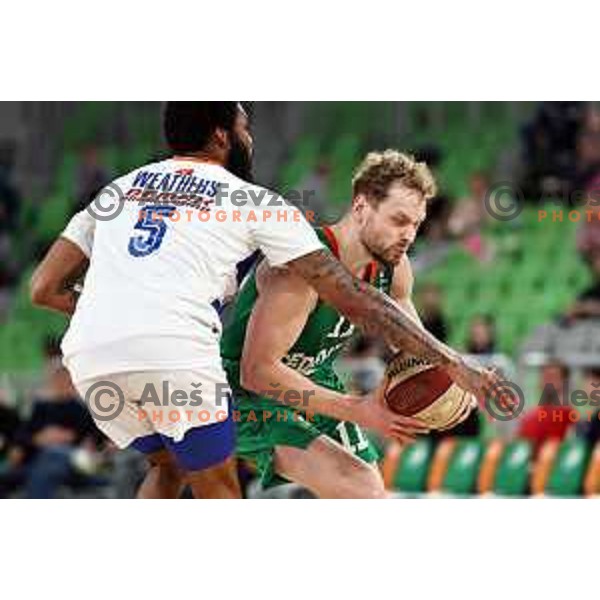 Jaka Blazic in action during ABA League 2023-2024 regular season basketball match between Cedevita Olimpija and Mornar Barsko Zlato in Ljubljana, Slovenia on March 23, 2024