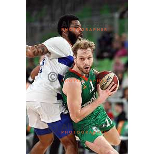 Jaka Blazic in action during ABA League 2023-2024 regular season basketball match between Cedevita Olimpija and Mornar Barsko Zlato in Ljubljana, Slovenia on March 23, 2024