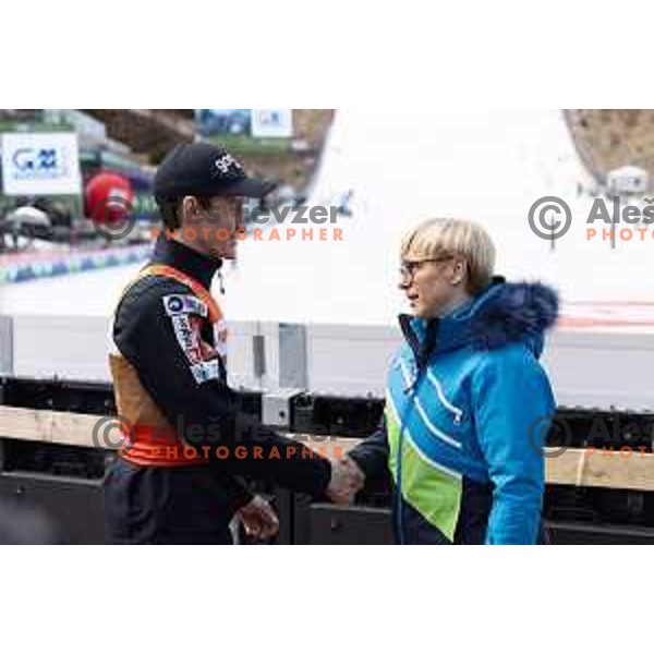 Farewell celebration after Peter Prevc of Slovenia finished his competitive days at the Final of the World Cup ski jumping, Planica, Slovenia on March 23, 2024