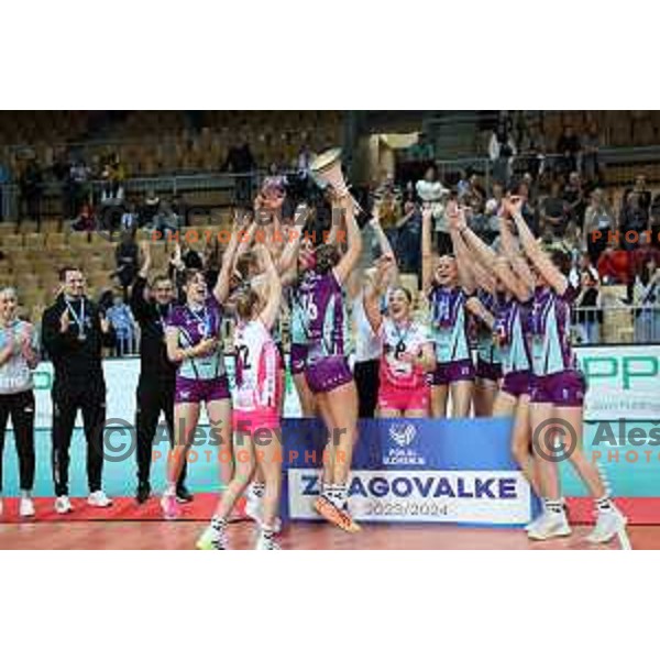 Players of Nova KBM Branik celebrate victory in the Final of Slovenian Cup volleyball match against Calcit Volley in Koper, Slovenia on March 24, 2024