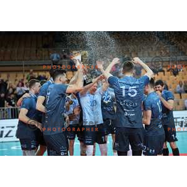 Players of Calcit Volley celebrate victory in the Final of Slovenian Cup volleyball match against I-Vent Maribor in Koper, Slovenia on March 24, 2024