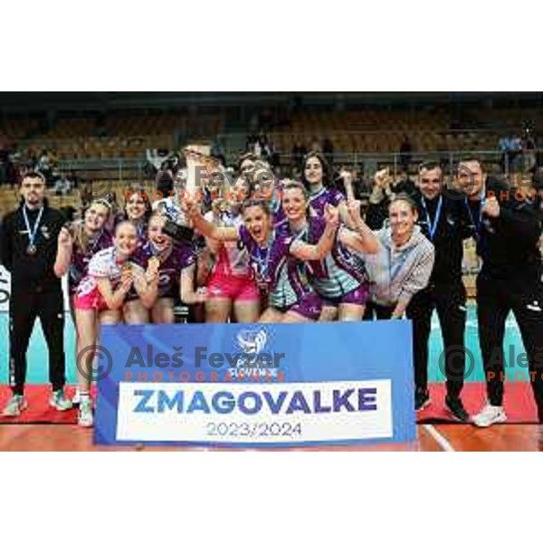 Players of Nova KBM Branik celebrate victory in the Final of Slovenian Cup volleyball match against Calcit Volley in Koper, Slovenia on March 24, 2024