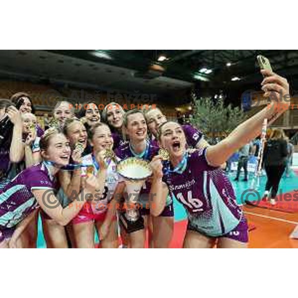 Iza Mlakar, Monika Potokar and players of Nova KBM Branik celebrate victory in the Final of Slovenian Cup volleyball match against Calcit Volley in Koper, Slovenia on March 24, 2024 