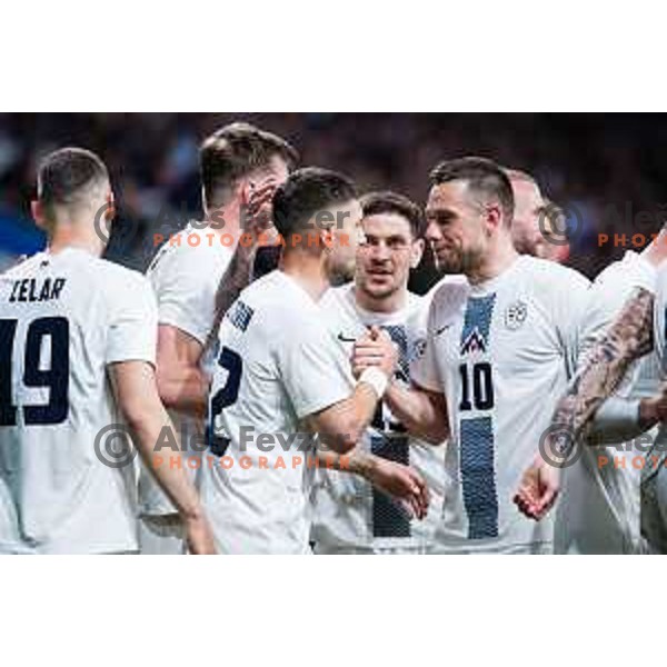 Adam Gnezda Cerin of Slovenia with Tim Elsnik of Slovenia in action during Friendly football match between Slovenia and Portugal in Stadium Stozice, Slovenia on March 26, 2024. Photo: Grega Valancic