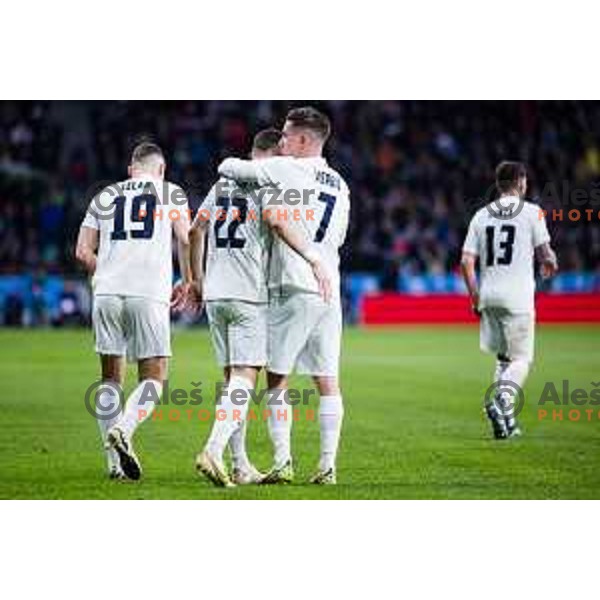 Adam Gnezda Cerin of Slovenia with Benjamin Verbic of Slovenia in action during Friendly football match between Slovenia and Portugal in Stadium Stozice, Slovenia on March 26, 2024. Photo: Grega Valancic