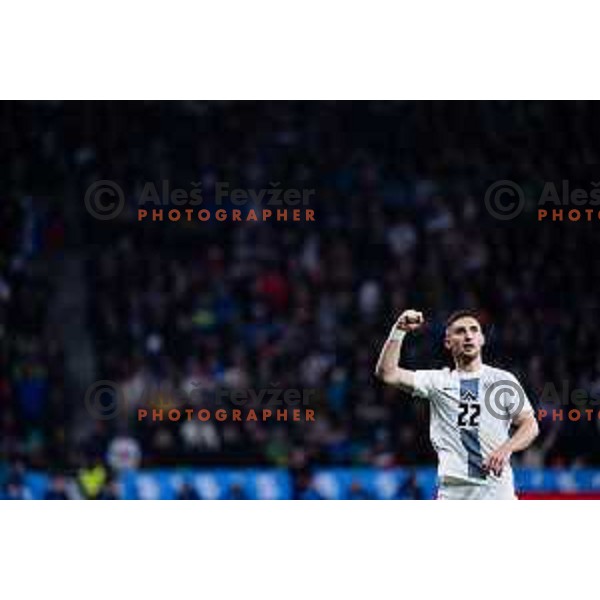 Adam Gnezda Cerin of Slovenia in action during Friendly football match between Slovenia and Portugal in Stadium Stozice, Slovenia on March 26, 2024. Photo: Grega Valancic