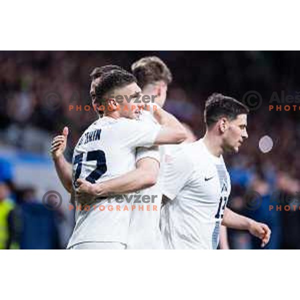 Adam Gnezda Cerin of Slovenia with Tim Elsnik of Slovenia in action during Friendly football match between Slovenia and Portugal in Stadium Stozice, Slovenia on March 26, 2024. Photo: Grega Valancic