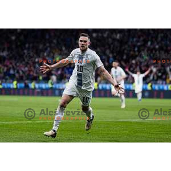 Timi Max Elsnik of Slovenia in action during Friendly football match between Slovenia and Portugal in Stadium Stozice, Slovenia on March 26, 2024. Photo: Grega Valancic