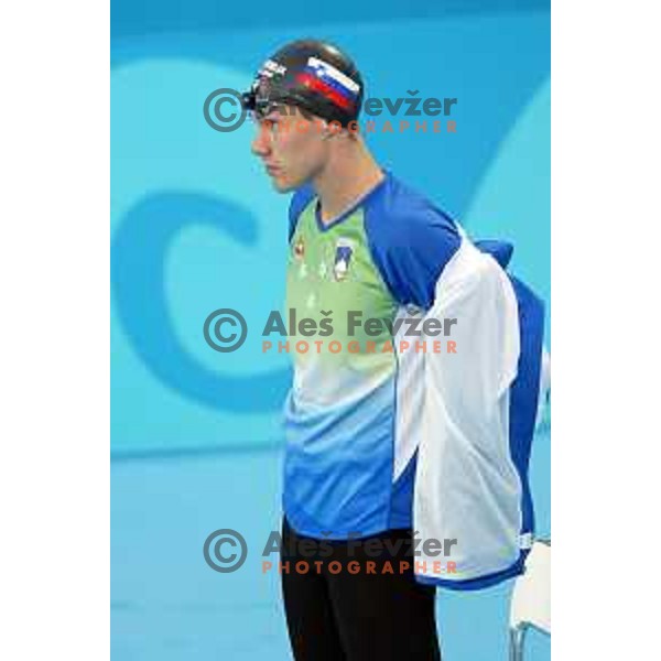 Blaz Medvesek of Slovenia swims in the Final of 200 meters backstroke at Athens 2004 Summer Olympic games on August 19, 2004