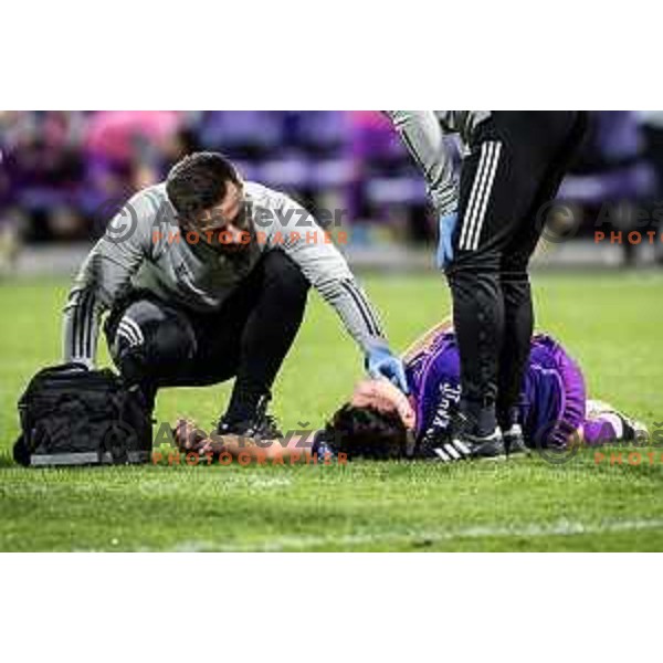 Sven Sostaric Karic injured during Prva liga Telemach football match between Maribor and Mura in Ljudski vrt, Maribor, Slovenia on April 9, 2024. Photo: Jure Banfi