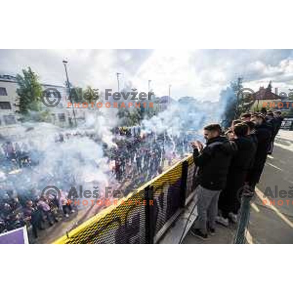 Players of Maribor celebrating with fans after Prva liga Telemach football match between Maribor and Rogaska in Ljudski vrt, Maribor, Slovenia on April 21, 2024. Photo: Jure Banfi