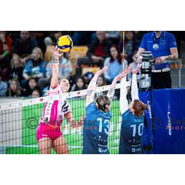 Monika Potokar vs Sara Najdic in action during volleyball match of Finals of the Slovenian Championship between Nova KBM Maribor and Calcit Volley in Dvorana Lukna, Maribor, Slovenia on April 26, 2024. Photo: Jure Banfi