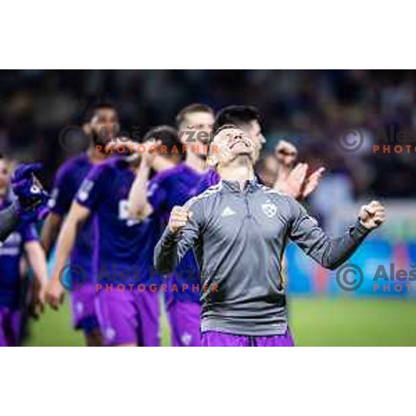 Martin Milec celebrating after Prva liga Telemach football match between Maribor and Olimpija in Ljudski vrt, Maribor, Slovenia on May 11, 2024. Photo: Jure Banfi