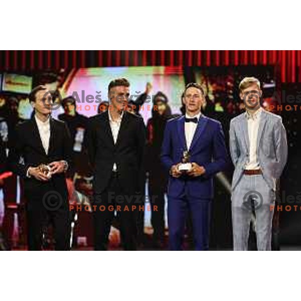 Domen Prevc, Timi Zajc, Peter Prevc, Lovro Kos and Anze Lanisek pose together during The Night of the Champions, Slovenia Ski Federation Annual event in Ljubljana, Slovenia on May 15, 2024
