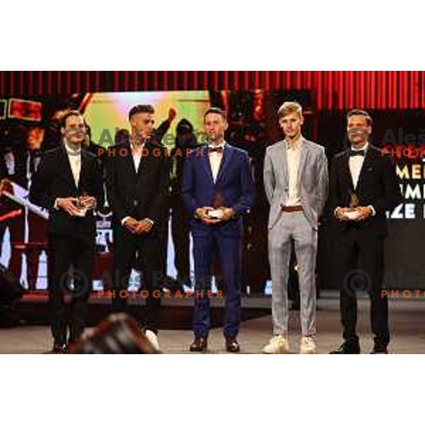 Domen Prevc, Timi Zajc, Peter Prevc, Lovro Kos and Anze Lanisek pose together during The Night of the Champions, Slovenia Ski Federation Annual event in Ljubljana, Slovenia on May 15, 2024