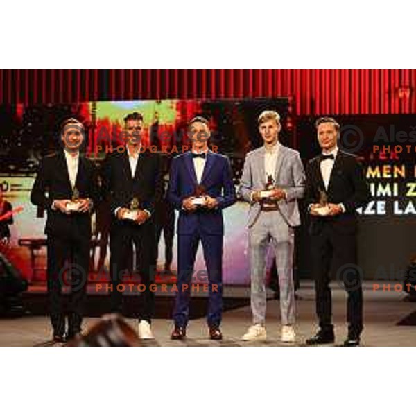 Domen Prevc, Timi Zajc, Peter Prevc, Lovro Kos and Anze Lanisek pose together during The Night of the Champions, Slovenia Ski Federation Annual event in Ljubljana, Slovenia on May 15, 2024
