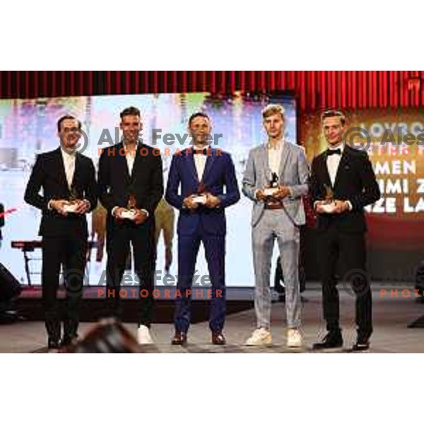 Domen Prevc, Timi Zajc, Peter Prevc, Lovro Kos and Anze Lanisek pose together during The Night of the Champions, Slovenia Ski Federation Annual event in Ljubljana, Slovenia on May 15, 2024