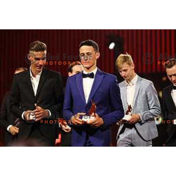Domen Prevc, Timi Zajc, Peter Prevc, Lovro Kos and Anze Lanisek pose together during The Night of the Champions, Slovenia Ski Federation Annual event in Ljubljana, Slovenia on May 15, 2024