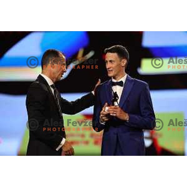 Enzo Smrekar and Peter Prevc during The Night of the Champions, Slovenia Ski Federation Annual event in Ljubljana, Slovenia on May 15, 2024
