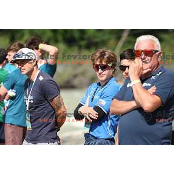 Peter Kauzer, Ziga Lin Hocevar and Lan Tominc (SLO) compete in Men’s Team Kayak Slalom at ECA European Championships in Tacen, Ljubljana, Slovenia on May 18, 2024
