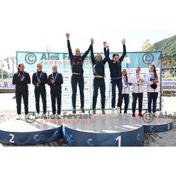 Ajda Novak, Eva Tercelj and Eva Alina Hocevar (SLO), European Chamopins in Women’s Team Kayak Slalom at ECA European Championships in Tacen, Ljubljana, Slovenia on May 18, 2024