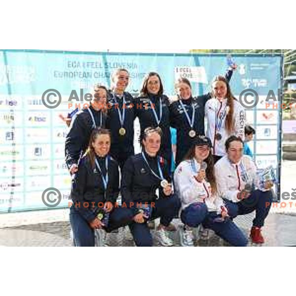 Ajda Novak, Eva Tercelj and Eva Alina Hocevar (SLO), European Chamopins in Women’s Team Kayak Slalom at ECA European Championships in Tacen, Ljubljana, Slovenia on May 18, 2024
