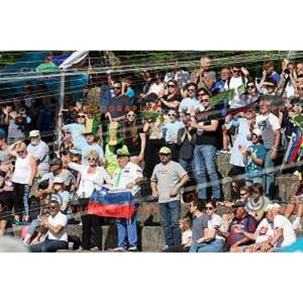 Peter Kauzer, Lan Tominc and Ziga Lin Hocevar (SLO) compete in Men’s Team Kayak Slalom at ECA European Championships in Tacen, Ljubljana, Slovenia on May 18, 2024