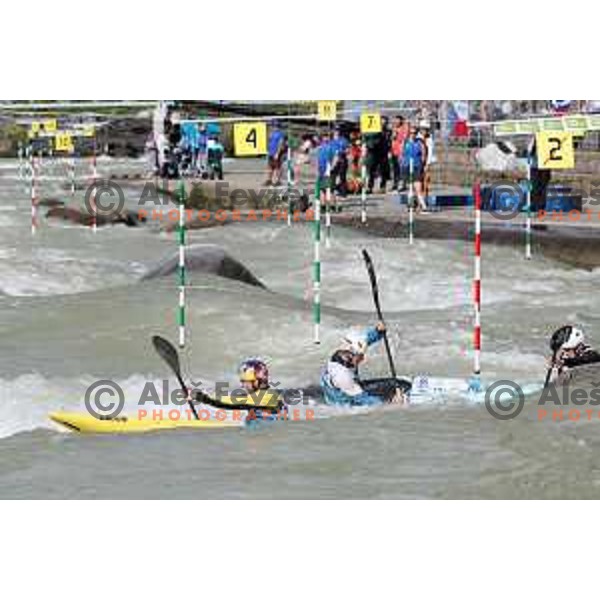 Peter Kauzer, Lan Tominc and Ziga Lin Hocevar (SLO) compete in Men’s Team Kayak Slalom at ECA European Championships in Tacen, Ljubljana, Slovenia on May 18, 2024