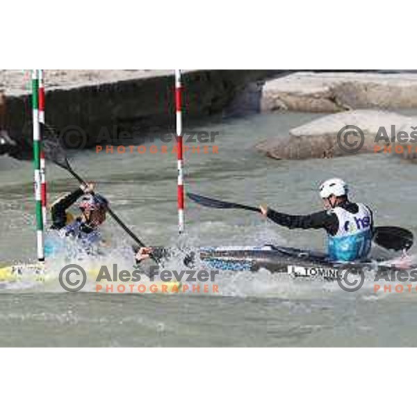Peter Kauzer, Lan Tominc and Ziga Lin Hocevar (SLO) compete in Men’s Team Kayak Slalom at ECA European Championships in Tacen, Ljubljana, Slovenia on May 18, 2024