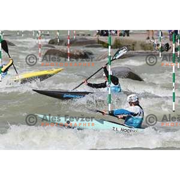 Peter Kauzer, Lan Tominc and Ziga Lin Hocevar (SLO) compete in Men’s Team Kayak Slalom at ECA European Championships in Tacen, Ljubljana, Slovenia on May 18, 2024