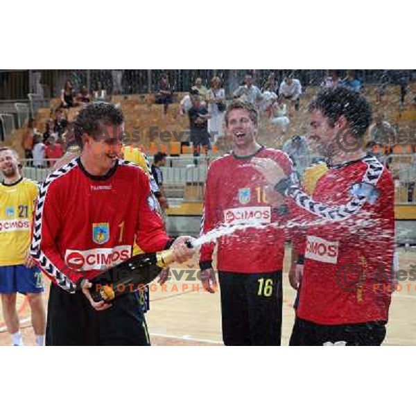 Voncina (1), Sarkic (16) and Stanic at Final of Slovenian handball Supercup between Cimos Koper and Trimo Trebnje, played in Koper (Slovenia) 6.9.2008. Cimos Koper won the Supercup with victory 37:26. 