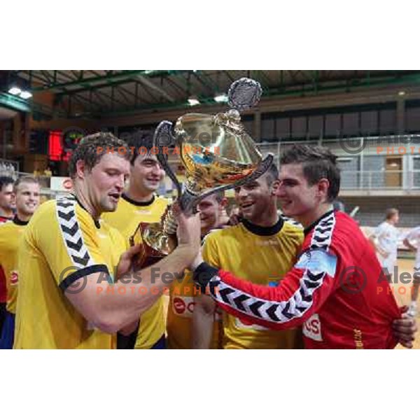 Praznik, Brumen, Sarkic at Final of Slovenian handball Supercup between Cimos Koper and Trimo Trebnje, played in Koper (Slovenia) 6.9.2008. Cimos Koper won the Supercup with victory 37:26. 