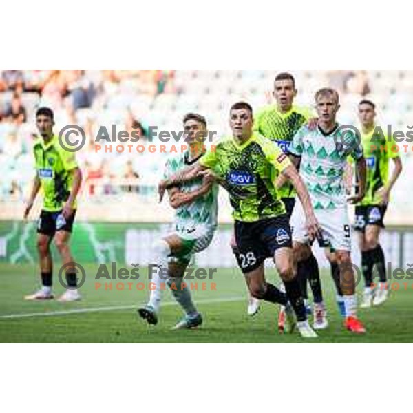 Marcel Ratnik of NK Olimpija vs Pylyp Budkivskiy of FC Polissya Zhytomyr in action during UEFA Conference League Qualifiers between NK Olimpija Ljubljana (SLO) and FC Polissya Zhytomyr (UKR) in Ljubljana, Slovenia on July 25, 2024. Photo: Grega Valancic / alesfevzer.com