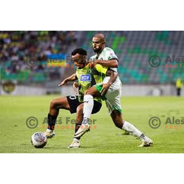 Caua Paixao of FC Polissya Zhytomyr vs David Sualehe of NK Olimpija in action during UEFA Conference League Qualifiers between NK Olimpija Ljubljana (SLO) and FC Polissya Zhytomyr (UKR) in Ljubljana, Slovenia on July 25, 2024. Photo: Grega Valancic / alesfevzer.com