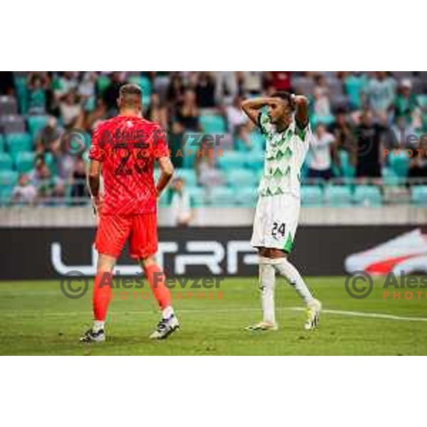 Yevhen Volynets of FC Polissya Zhytomyr vs Reda Boultam of NK Olimpija in action during UEFA Conference League Qualifiers between NK Olimpija Ljubljana (SLO) and FC Polissya Zhytomyr (UKR) in Ljubljana, Slovenia on July 25, 2024. Photo: Grega Valancic / alesfevzer.com