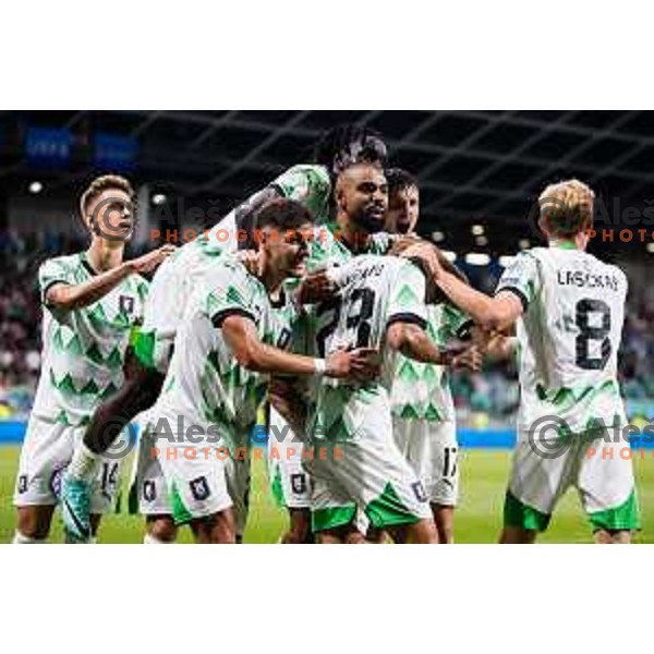 Players of NK Olimpija Ljubljana celebrating a goal during UEFA Conference League Qualifiers between NK Olimpija Ljubljana (SLO) and FC Polissya Zhytomyr (UKR) in Ljubljana, Slovenia on July 25, 2024. Photo: Grega Valancic / alesfevzer.com