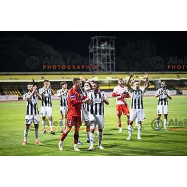 Florijan Raduha, Amadej Marosa and other players of Mura celebrating after Prva liga Telemach 2024/25 football match between Domzale and Mura in Sportni park Domzale, Slovenia on July 27, 2024. Photo: Jure Banfi