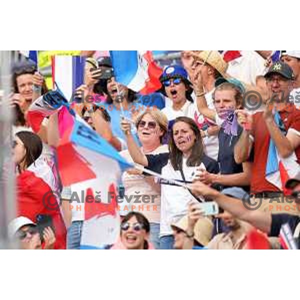 French fans cheering in the Final of Women’s K-1 race at Canoeing Competition at Paris 2024 Summer Olympic Games, France on July 28, 2024
