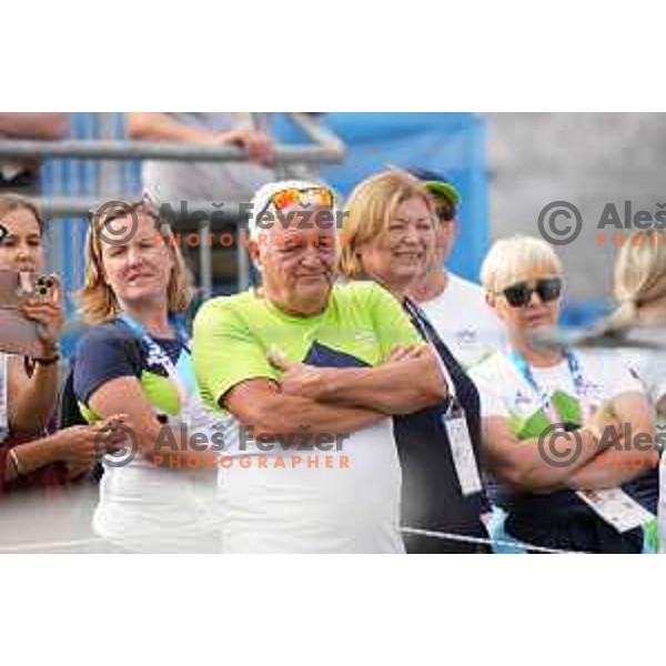 Peter Kauzer Sr. wathces the Final of Women’s K-11 race at Canoeing Competition at Paris 2024 Summer Olympic Games, France on July 28, 2024