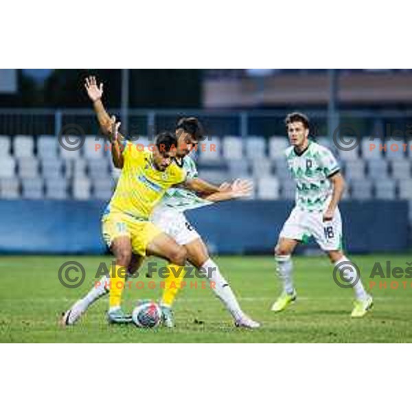 Omar El Manssouri of FC Koper vs Jorge Silva of NK Olimpija in action during Prva liga Telemach 2024/25 football match, Round 2, between Koper and Olimpija in Sportni park Bonifikia, Slovenia on July 28, 2024. Photo: Grega Valancic