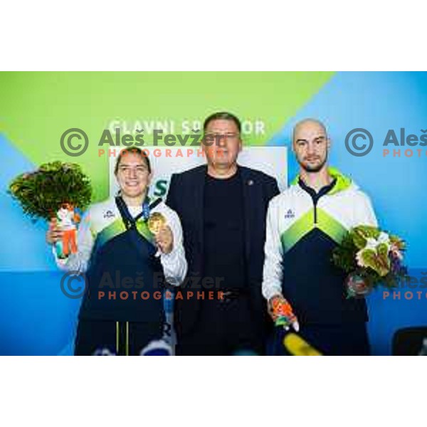 Andreja Leski, Olympic Gold medalist in Judo -63 kg at Olympic Games Paris 2024, Stanko Glazar and coach Luka Kuralt at Joze Pucnik Airport, Ljubljana, Slovenia on August 2, 2024. Photo: Grega Valancic