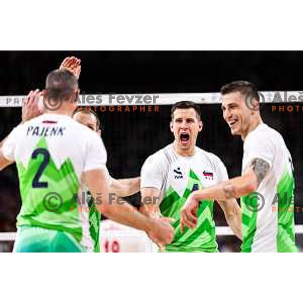 In action during quarter-final of Men’s Olympic Volleyball Tournament match between Slovenia and Poland at Paris 2024 Summer Olympic Games, France on August 5, 2024