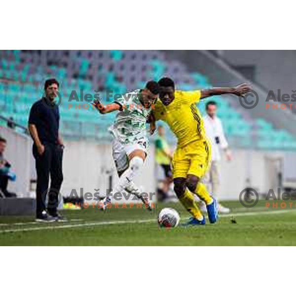 Reda Boultam of NK Olimpija vs Nana Kwame Boakye of FC Sheriff Tiraspol in action during UEFA Conference League Qualifiers,Round 3, between NK Olimpija Ljubljana (SLO) and FC Sheriff Tiraspol (MDA) in Ljubljana, Slovenia on August 8th, 2024. Photo: Grega Valancic / alesfevzer.com