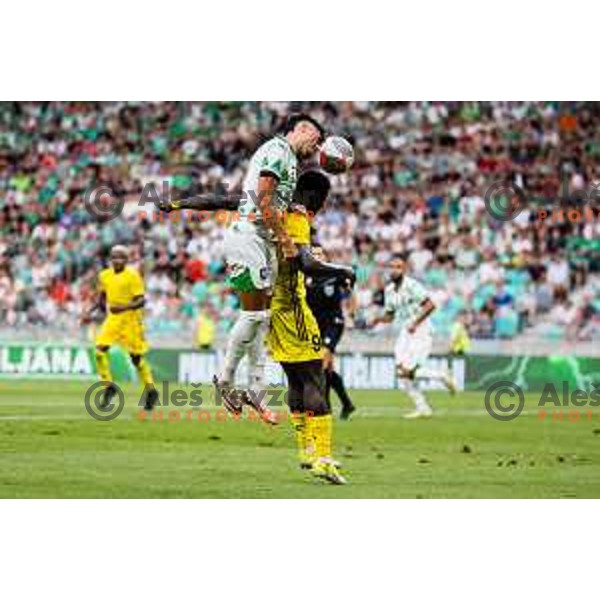 Diogo Pinto of NK Olimpija vs Papa Ndiaga Yade of FC Sheriff Tiraspol in action during UEFA Conference League Qualifiers, Round 3, between NK Olimpija Ljubljana (SLO) and FC Sheriff Tiraspol (MDA) in Ljubljana, Slovenia on August 8th, 2024. Photo: Grega Valancic / alesfevzer.com