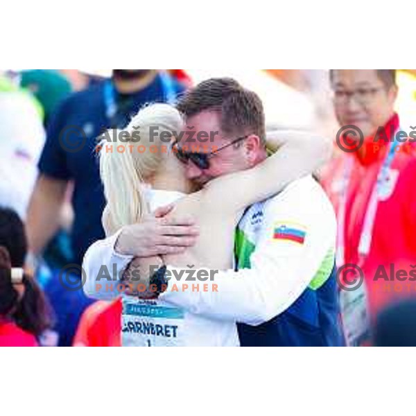 Janja Garnbret of Slovenia, Olympic gold medalist in Sport Climbing Women\'s Boulder & Lead and coach Roman Krajnik at Paris 2024 Summer Olympic Games,France on August 10, 2024 