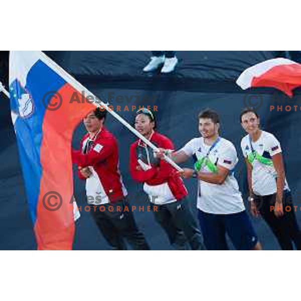 Toni Vodisek and Pia Babnik, flag bearers for Slovenia at Closing Ceremony of Paris 2024 Summer Olympic Games, France on August 11, 2024 