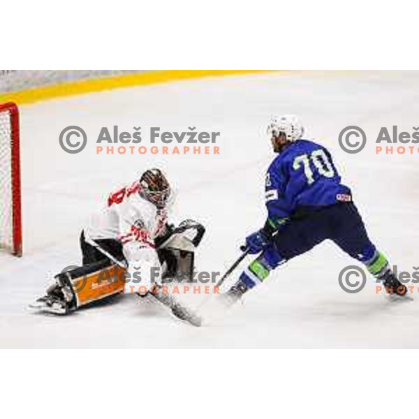 In action during friendly ice-hockey match between Slovenia and Austria in Bled Ice Rink, Slovenia on August 22, 2024